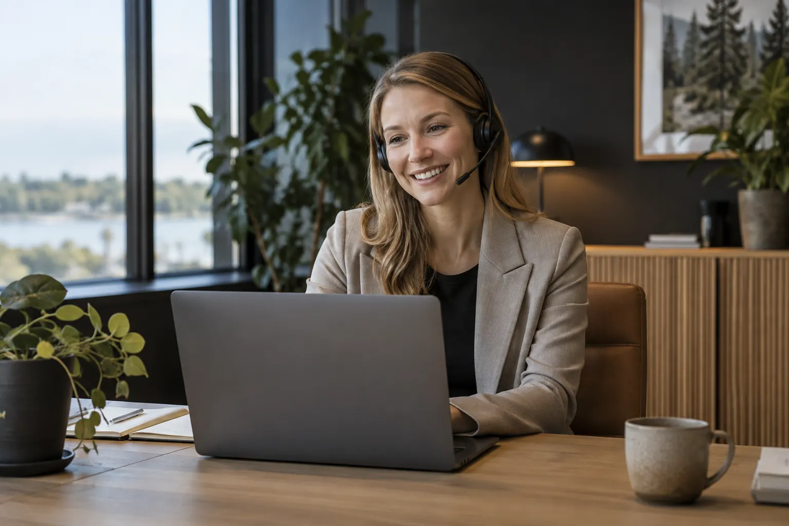 Energirådgivare med headset svarar på frågor om offert, solceller och batterier